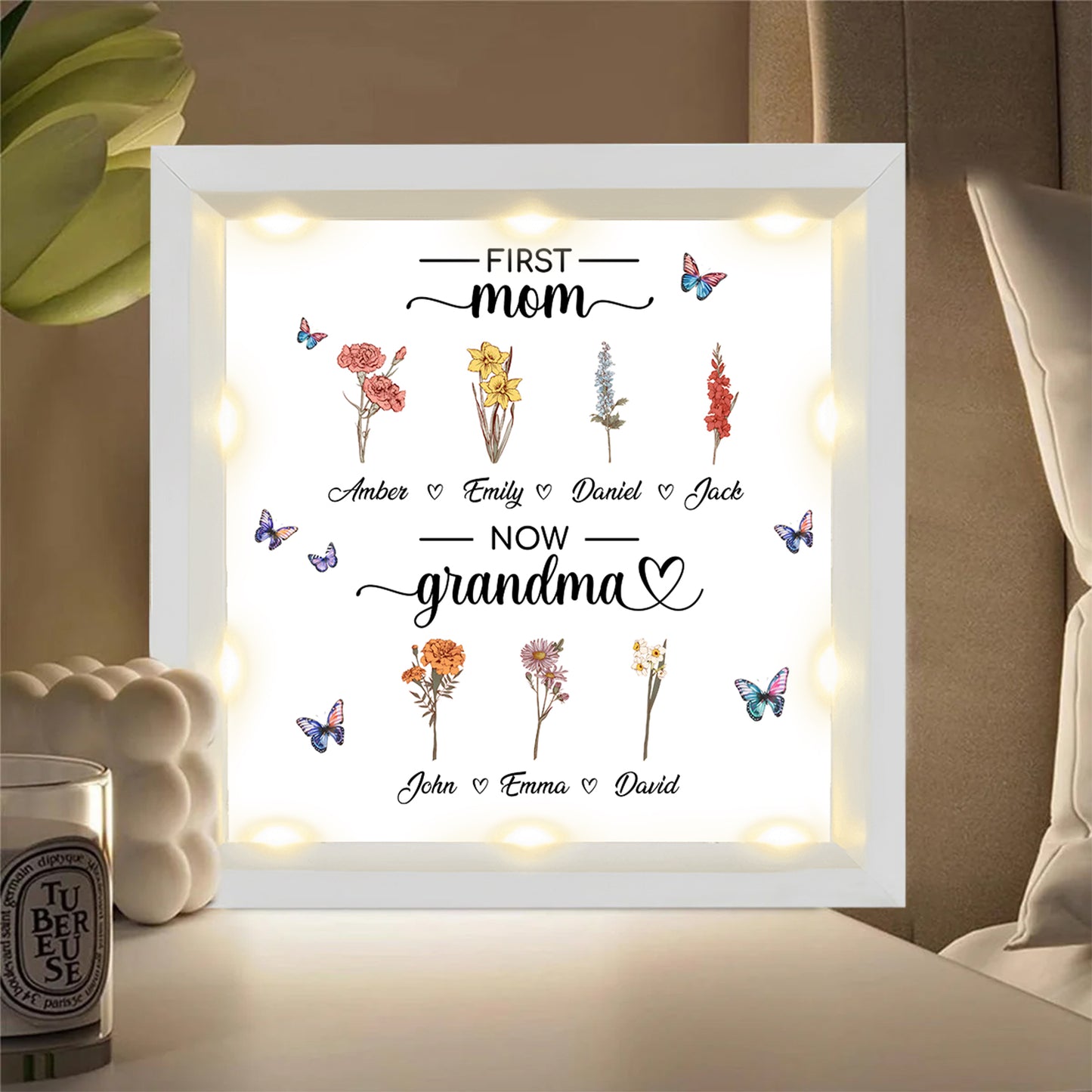 Personalized First Mom - Now Grandma Birth Month Flowers Frame Light Box Gift