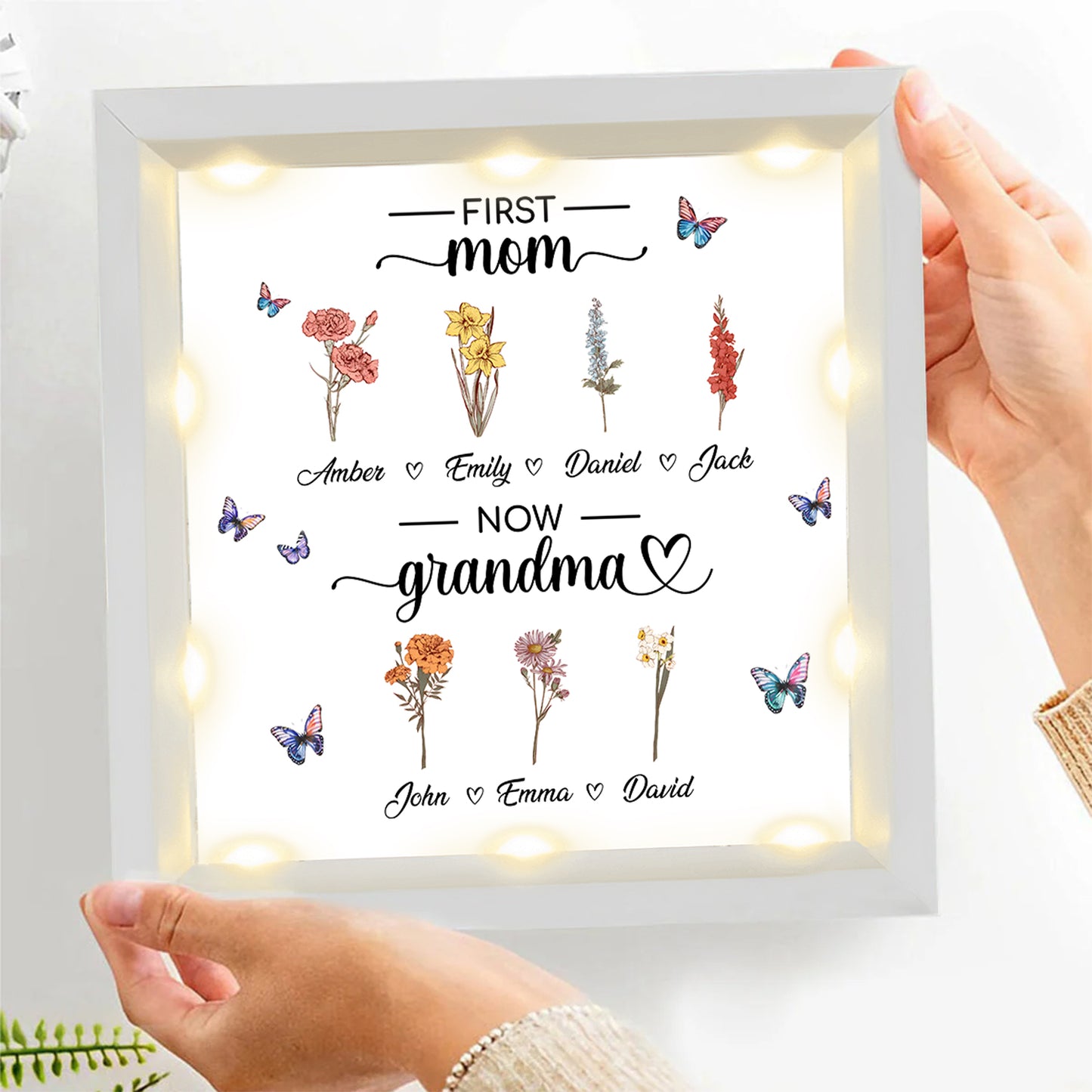 Personalized First Mom - Now Grandma Birth Month Flowers Frame Light Box Gift