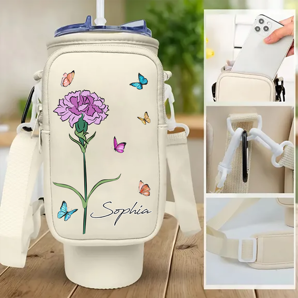 Birth Month Flowers - Personalized Photo Water Bottle Carrier Bag - Gift For Girl, Women